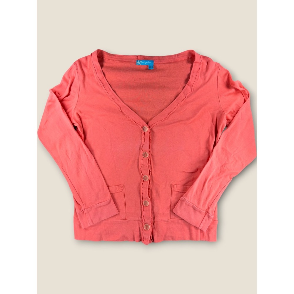 Fresh Produce Coral Pink Cotton Ruffle V-Neck Cardigan Sweater Made in USA M